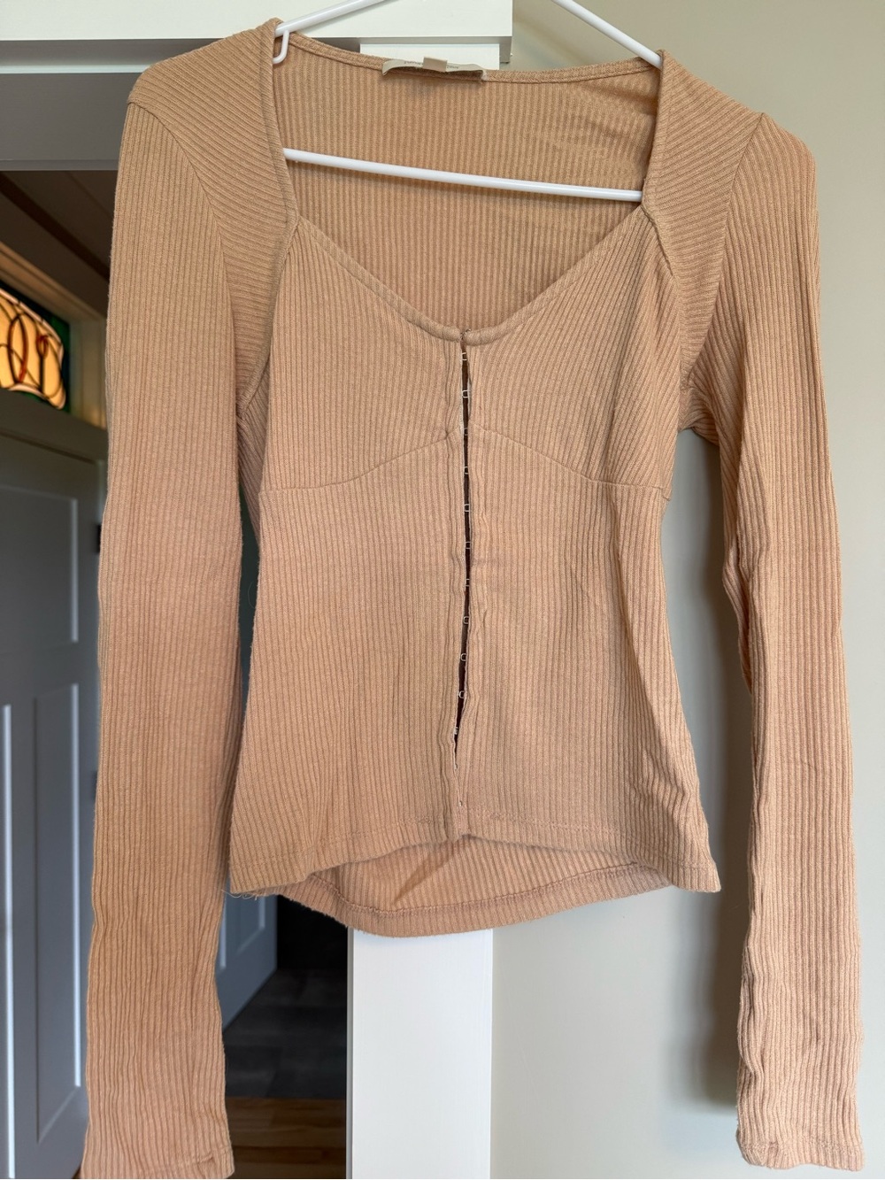 Favorite Daughter Ribbed Button-Front Long Sleeve Top in Beige